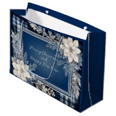 ネイビーブルーとホワイトビューティフルクリスマスフローラ ラージペーパーバッグ (正面アングル)