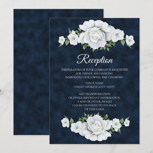 ネイビーブルーとホワイトフラワーの結婚披露宴 招待状 (正面/裏面)