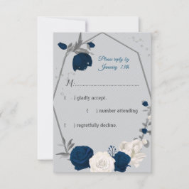 ネイビーブルーとホワイトフラワージオメトリグレーrsvpカード 出欠カード