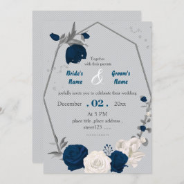 ネイビーブルーとホワイトフラワージオメトリック結婚ス 招待状