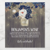 ネイビーブルーとホワイトフラワーメイソンジャー素朴 ワインラベル (シングルラベル)