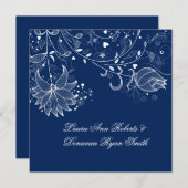 ネイビーブルーとホワイトフローラスワーズ結婚ポスト 招待状 (正面/裏面)