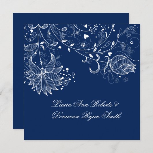 ネイビーブルーとホワイトフローラスワーズ結婚ポスト 招待状 (正面/裏面)