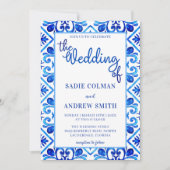 ネイビーブルーとホワイトフローラフォトフレーム結婚ズ 招待状 (正面)