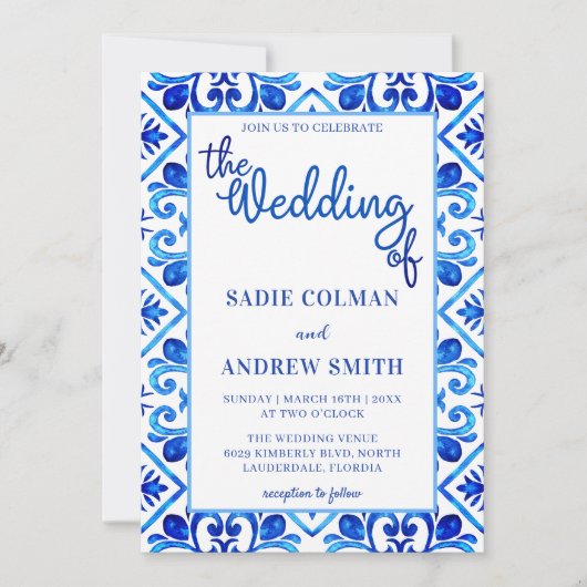 ネイビーブルーとホワイトフローラフォトフレーム結婚ズ 招待状 (正面)