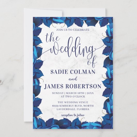 ネイビーブルーとホワイトフローラフォトフレーム結婚ズ 招待状 (正面)