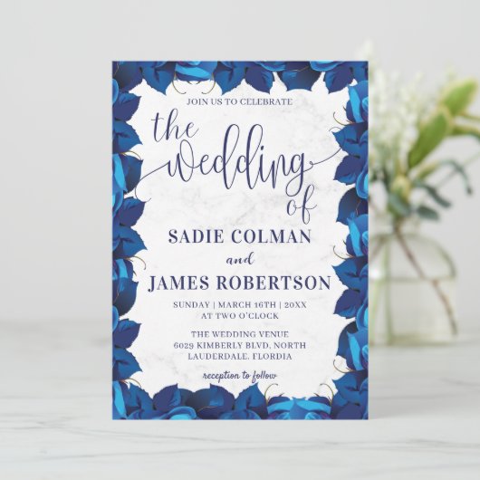 ネイビーブルーとホワイトフローラフォトフレーム結婚ズ 招待状 (スタンド正面)