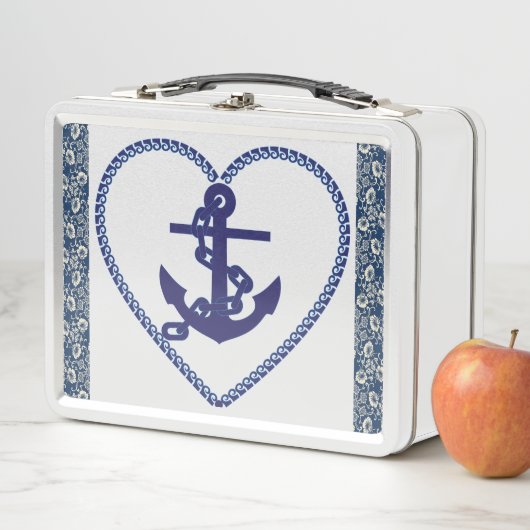 ネイビーブルーとホワイトフローラホワイトメタルランチボックス メタルランチボックス (インサイチュ)