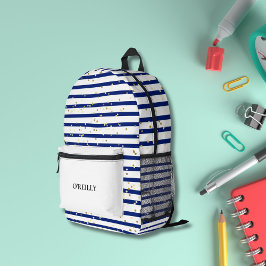 ネイビーブルーとホワイトマリンスティプモノグラムモダン プリントバックパック