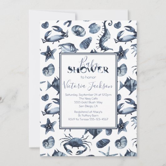 ネイビーブルーとホワイトマリンボーイベビーシャワー 招待状 (正面)