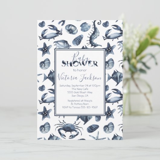 ネイビーブルーとホワイトマリンボーイベビーシャワー 招待状 (スタンド正面)