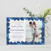 ネイビーブルーとホワイトマーブルのフローラ写真結婚ズ 招待状 (スタンド正面)