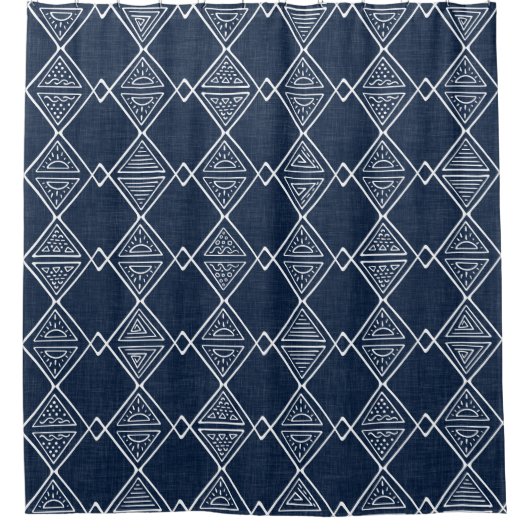 ネイビーブルーとホワイトムードクロスのインスパイア部族プリント シャワーカーテン (正面)