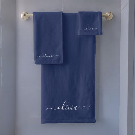 ネイビーブルーとホワイトモノグラモダンム バスタオルセット