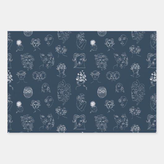 ネイビーブルーとホワイトレディーモンスターラインアート ラッピングペーパーシート (正面)