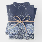 ネイビーブルーとホワイトレース ラッピングペーパーシート (インサイチュ)