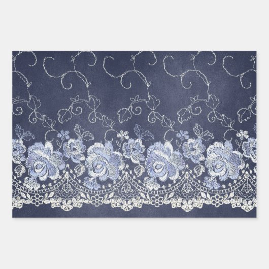 ネイビーブルーとホワイトレース ラッピングペーパーシート (正面)