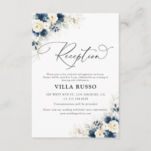 ネイビーブルーとホワイトローズのウェディングレセプション エンクロージャーカード (正面)