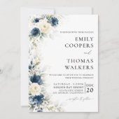 ネイビーブルーとホワイトロー結婚ズの式典 招待状 (正面)