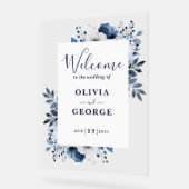 ネイビーブルーとホワイト結婚フローラの歓迎サイン アクリルサイン (傾斜)