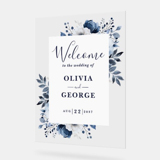 ネイビーブルーとホワイト結婚フローラの歓迎サイン アクリルサイン (傾斜)