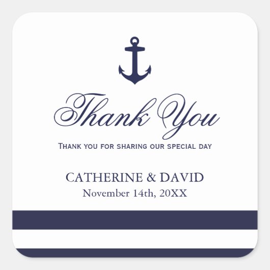ネイビーブルーとホワイト結婚式の引き出物いかりシール スクエアシール (正面)