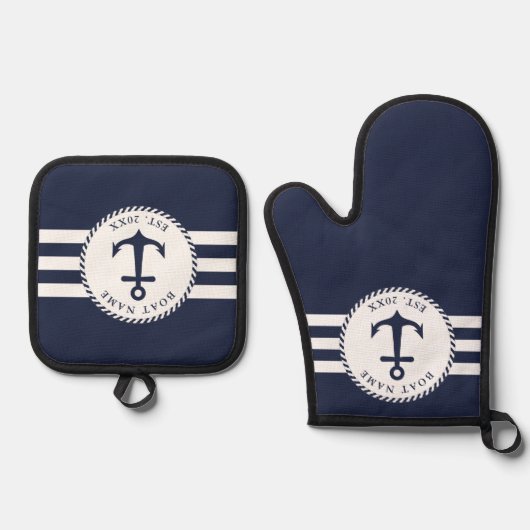 ネイビーブルーとホワイト航海のいかりボート名 鍋つかみ&鍋敷きセット (正面)
