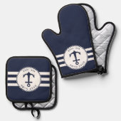 ネイビーブルーとホワイト航海のいかりボート名 鍋つかみ&鍋敷きセット (正面/裏面)