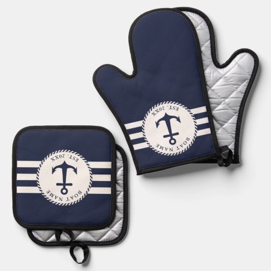 ネイビーブルーとホワイト航海のいかりボート名 鍋つかみ&鍋敷きセット (正面/裏面)