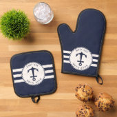 ネイビーブルーとホワイト航海のいかりボート名 鍋つかみ&鍋敷きセット (トップダウン)