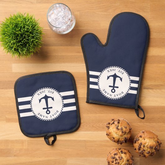 ネイビーブルーとホワイト航海のいかりボート名 鍋つかみ&鍋敷きセット (トップダウン)