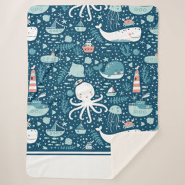ネイビーブルーとホワイト航海の海パターン少年 シェルパブランケット