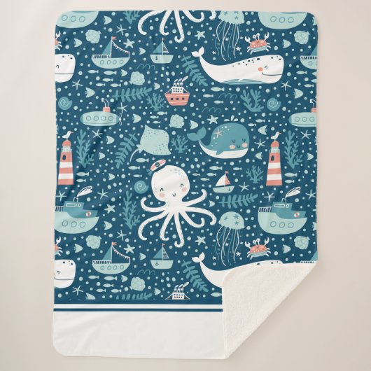 ネイビーブルーとホワイト航海の海パターン少年 シェルパブランケット (正面)
