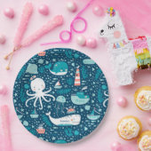 ネイビーブルーとホワイト航海の海パターン少年 ペーパープレート (パーティー)