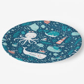 ネイビーブルーとホワイト航海の海パターン少年 ペーパープレート (アングル)