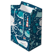 ネイビーブルーとホワイト航海の海パターン少年 ミディアムペーパーバッグ (正面アングル)