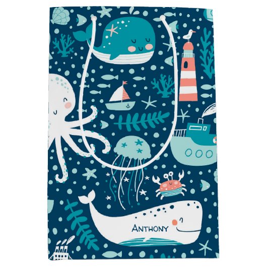 ネイビーブルーとホワイト航海の海パターン少年 ミディアムペーパーバッグ (正面)