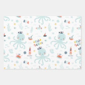 ネイビーブルーとホワイト航海の海パターン少年 ラッピングペーパーシート (正面2)