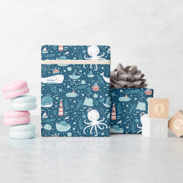 ネイビーブルーとホワイト航海の海パターン少年 ラッピングペーパー