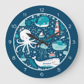 ネイビーブルーとホワイト航海の海パターン少年 ラージ壁時計 (正面)