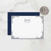 ネイビーブルーとホワイト | イニシャルモダンモノグラム ノートカード (正面/裏面インサイチュ)