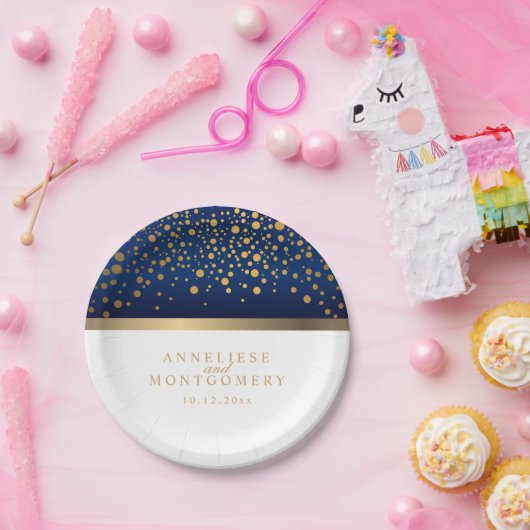 ネイビーブルーとホワイト(金ゴールド紙吹雪点付き) ペーパープレート (パーティー)