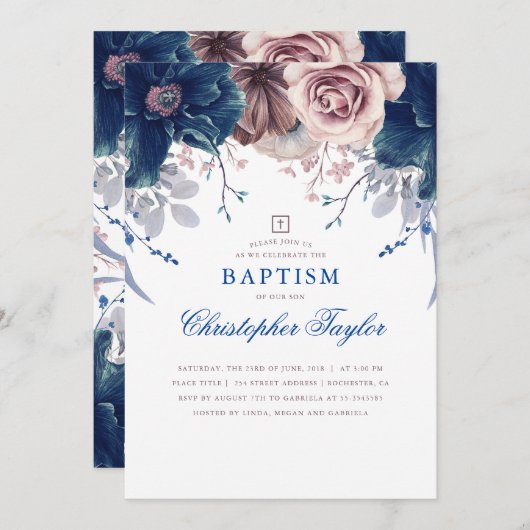 ネイビーブルーとマウヴフローラエレガントバプテスマ 招待状 (正面/裏面)