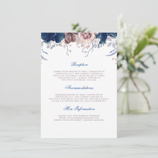 ネイビーブルーとマウヴ結婚のインフォメーションゲスト エンクロージャーカード (スタンド正面)