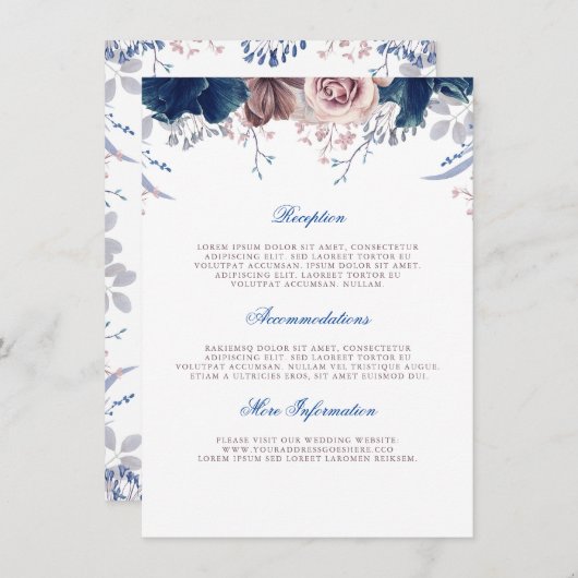 ネイビーブルーとマウヴ結婚のインフォメーションゲスト エンクロージャーカード (正面/裏面)