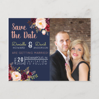 ネイビーブルーとマルロット フラワーのSave the Date インビテーションポストカード
