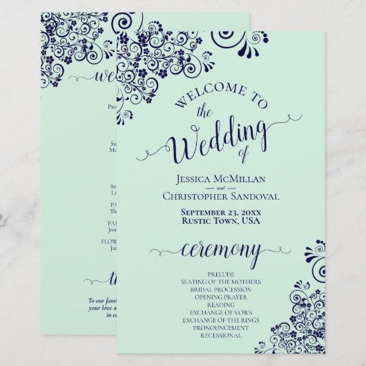 ネイビーブルーとミントグリーンのBUDGET結婚式プログラム (正面/裏面)