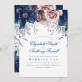 ネイビーブルーとムーヴウォーターの色のフローラ結婚ズ 招待状 (正面/裏面)