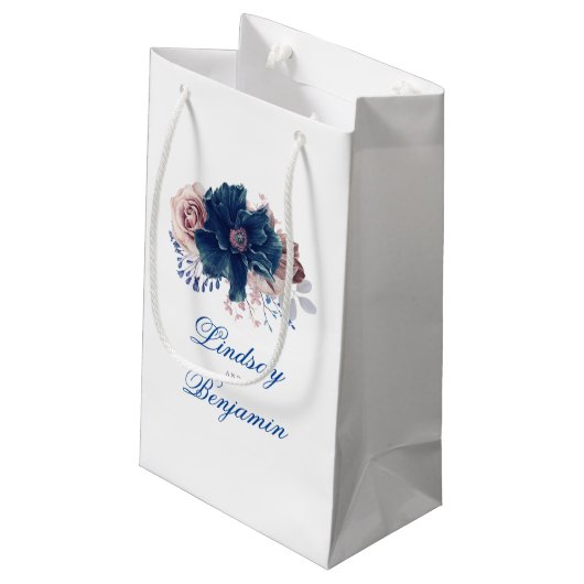ネイビーブルーとメイヴフローラ水色エレガント スモールペーパーバッグ (裏面アングル)