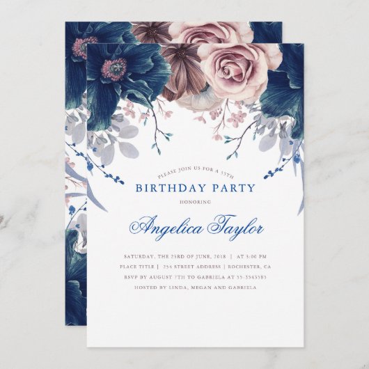 ネイビーブルーとメイヴフローラ誕生会 招待状 (正面/裏面)